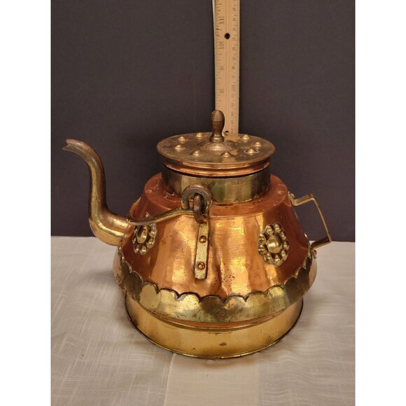 Large Vintage Brass & Copper Teapot Kettle W/ Removable Lid Made in Belgium - Picture 11 of 12